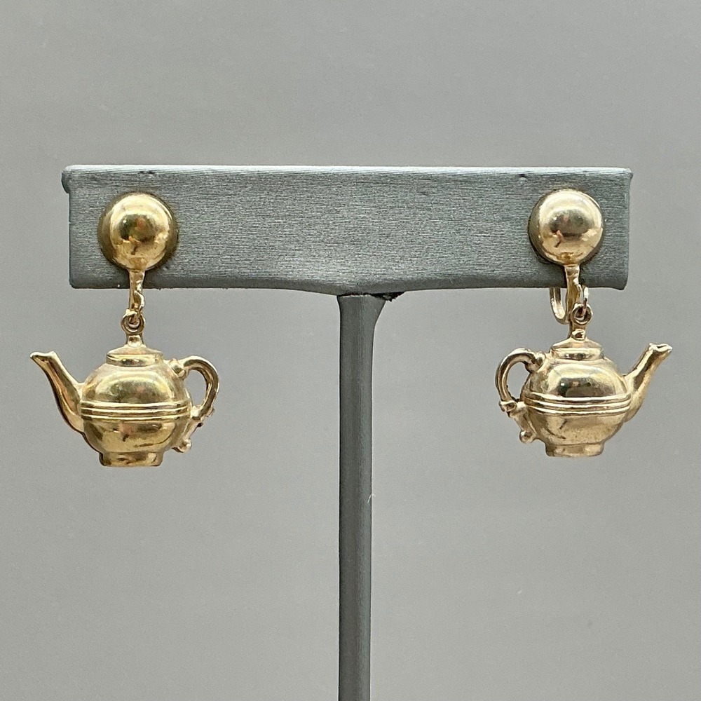 Earrings Women Gold tone Vintage Teapot Dangle‎ Screw Back Jewelry 1 Inch